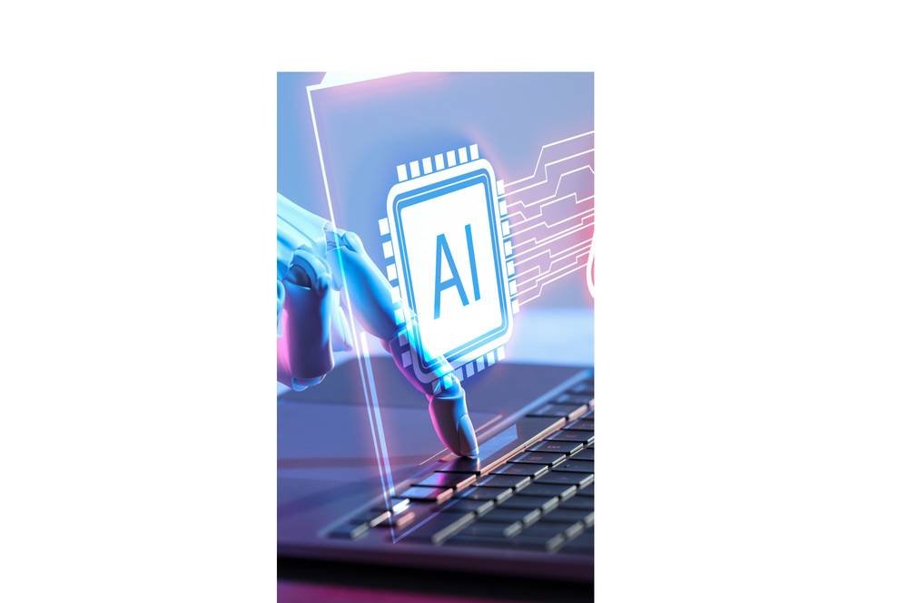 Tangan robot menyentuh layar laptop dengan ikon AI dan tanda peringatan